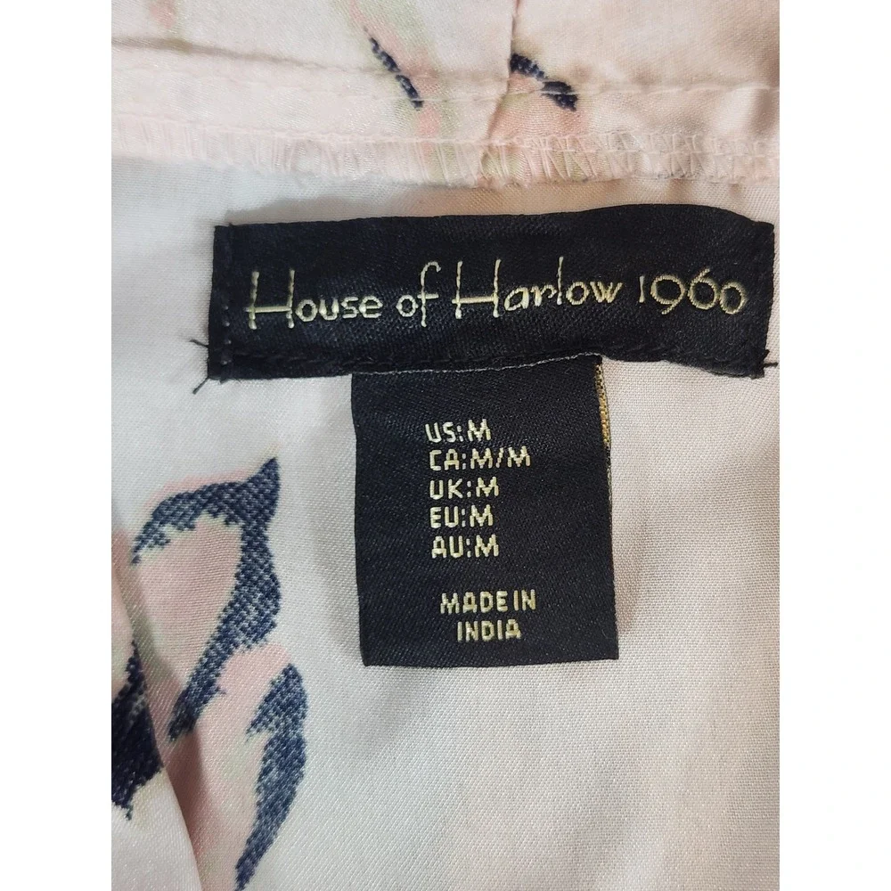 House of Harlow 1960 Robe Women Medium Pink Navy Leaf Print Satin Belted Pockets